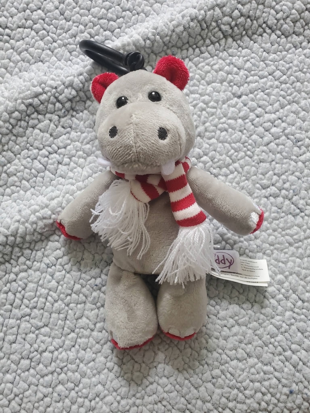 Grey Plush Hippo Ornament with Red Accents and Striped Scarf